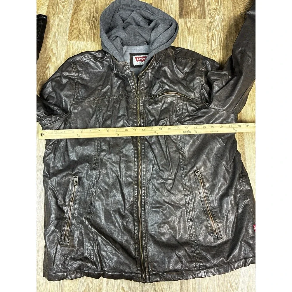 Levis Leather Jacket Mens Size XL Black Solid Hooded Full Zip Collared Polyester